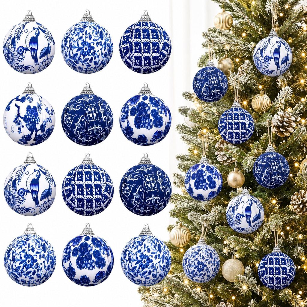 12 Chinoiserie-Kugelornamente, blau-weiß, 6,76 cm, Weihnachtsbaum