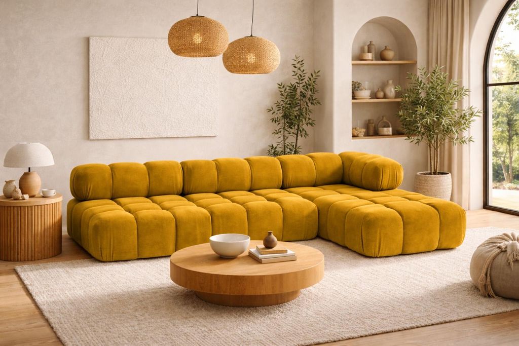 Kaiser Möbel Ecksofa Modulare L-Form, Veloursstoff Salvador, Gelb, Rechts, Selia