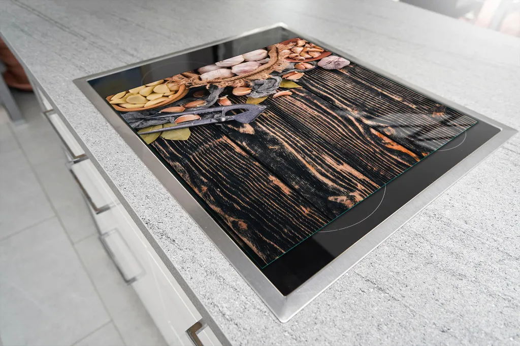 TMK | Tagliere in vetro per piano cottura in ceramica, 1 pezzo, 52 x 40, tagliere in vetro, paraschizzi, piastra universale in vetro, cucina, motivo: gatto nero