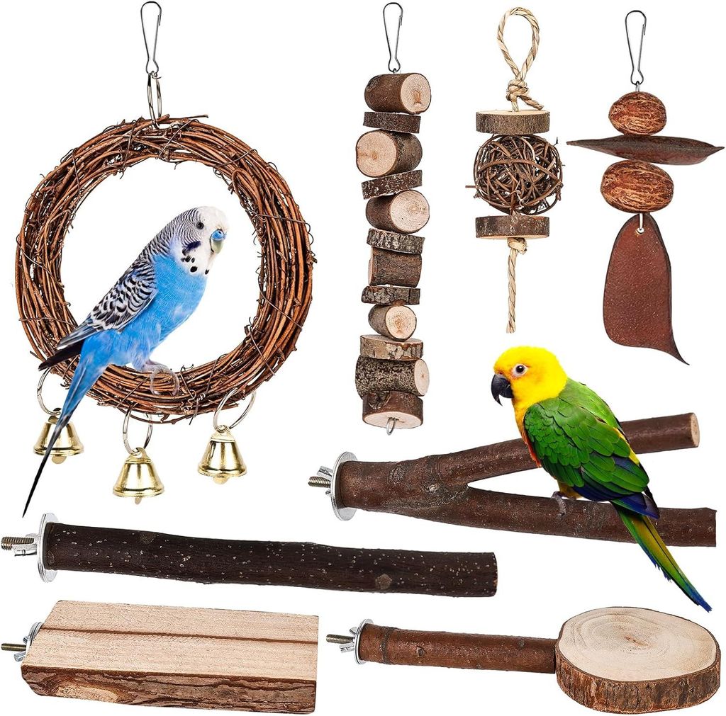 Natural Barchen Vögel, Pack 8 Vogelkäfigzubehör, Set, Käfige, Holzbarsch, Spielzeugschwungbrüftung, Agapornids, Cockatiels
