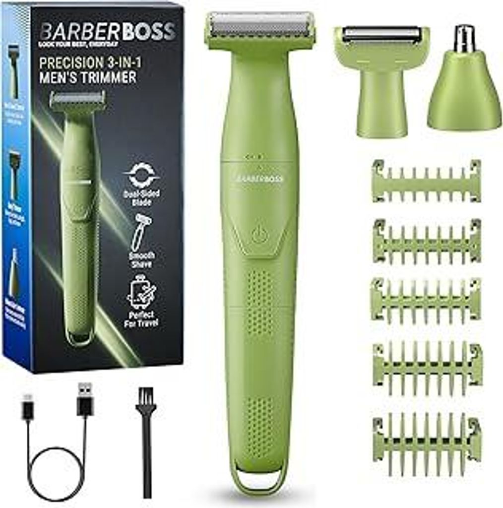 BarberBoss Herren Detailtrimmer, 3-in-1-Pflegeset für Männer, Bart, Haar, Körper-, Nasen und Ohrhaartrimmer, kabelloser Rasierer mit USB-Ladefun...