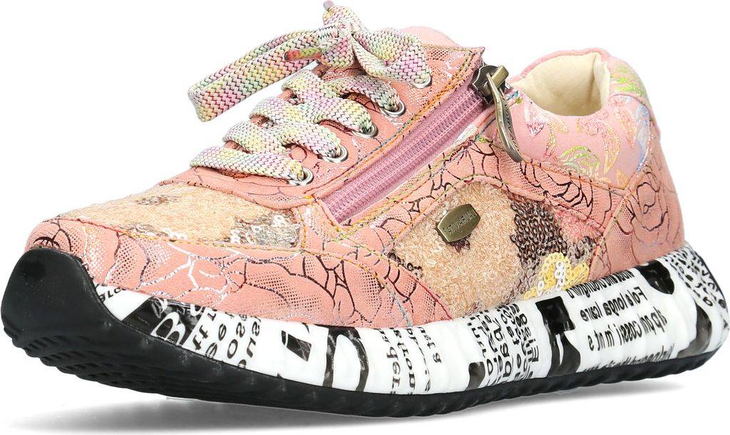 Laura Vita Damen Sneaker Leder Blumenmuster Schrift Reißverschluss Burton 1123, Größe:37 EU, Farbe:Rosa