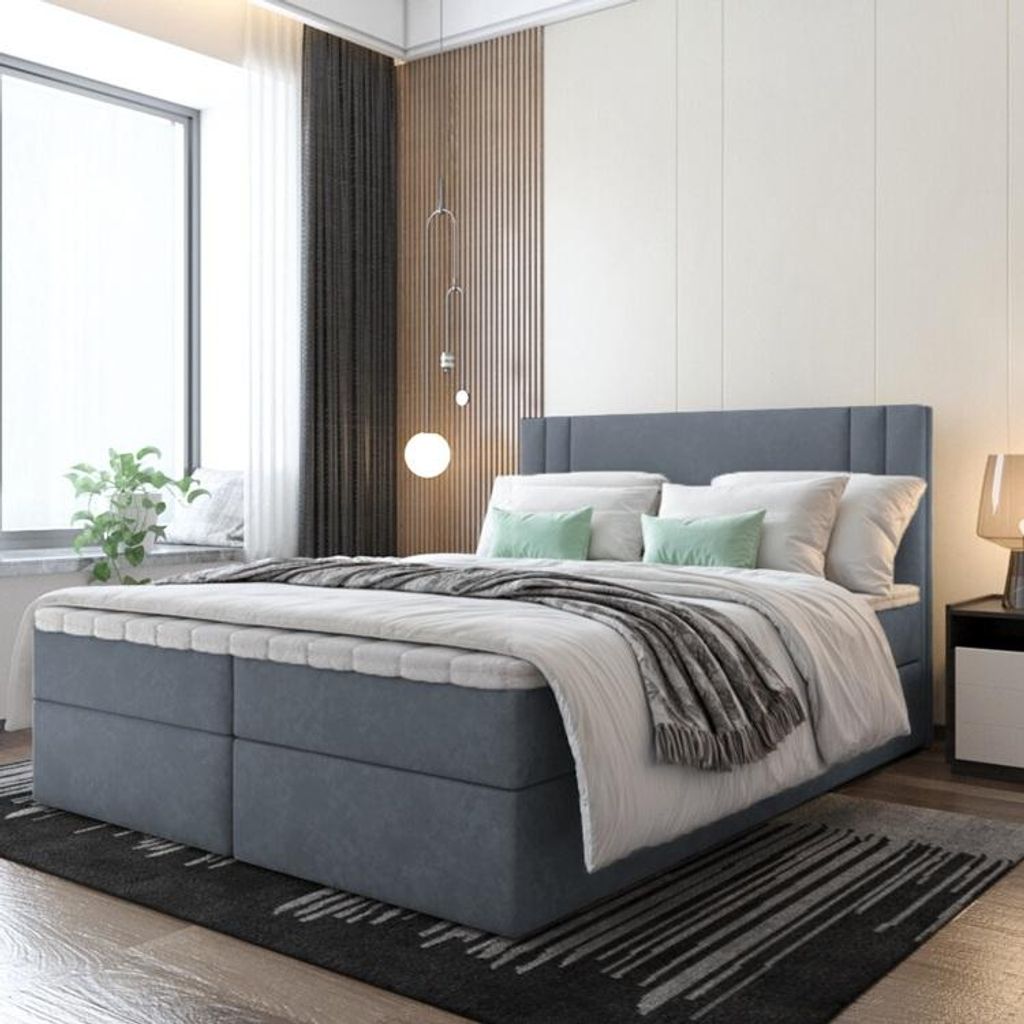 Bett, Boxspringbett RALI mit Bonell-Matratze und VISCO Topper, 2 Bettkästen, Doppelbett, Stauraum 160x200 cm (Dunkelgrau - Itaka 14)