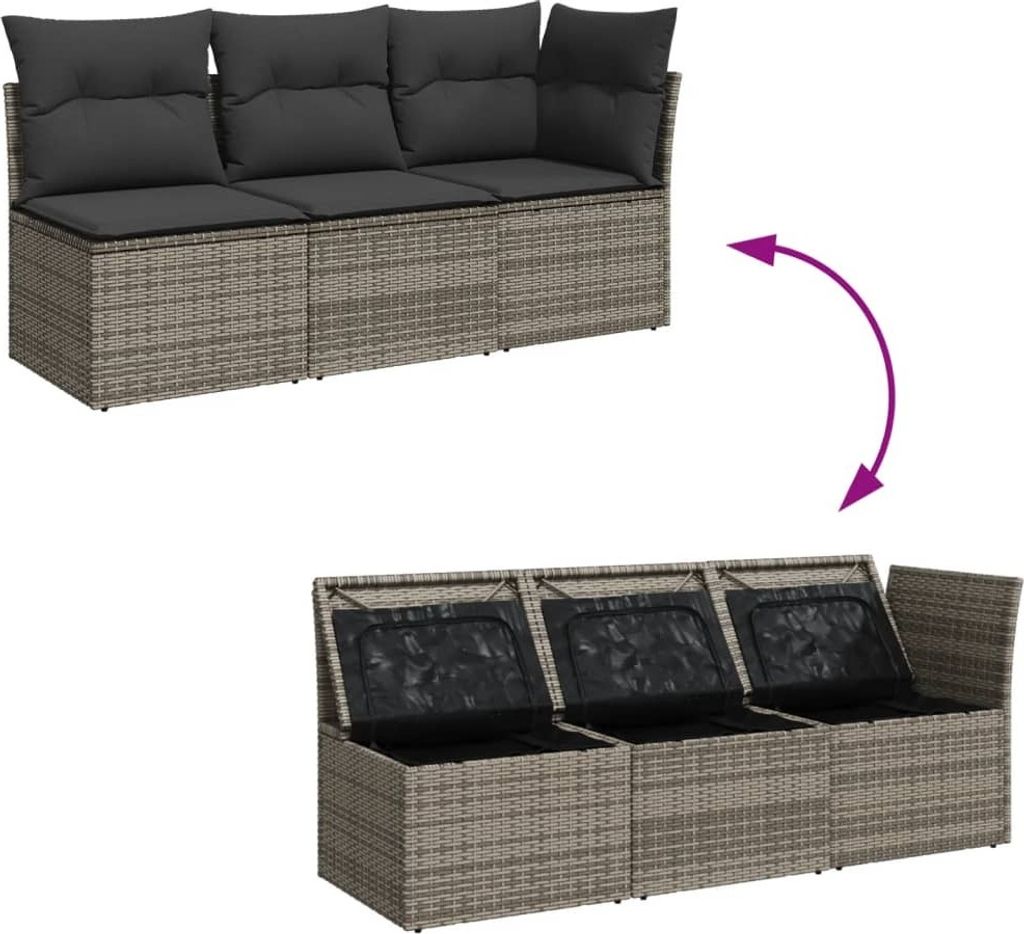 vidaXL Gartensofa mit Kissen 3-Sitzer Grau Poly Rattan Produktbild 8