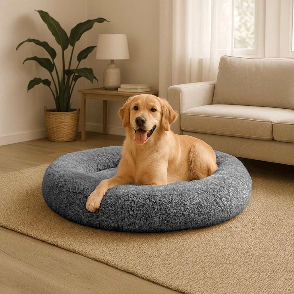 belviona Donut-Hundebett, kuscheliges Plüschbett mit weicher Füllung, sicherem Halt & ergonomischem Rand, 100 cm Durchmesser, anthrazit