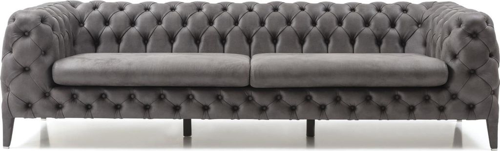 Grauer Chesterfield 4-Sitzer Polster Möbel Wohnzimmer Couch Holzgestell
