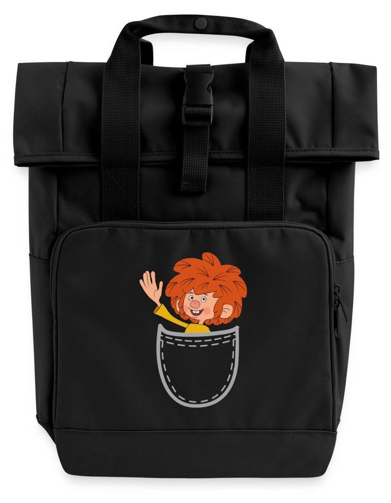 Spreadshirt Pumuckl Design Mit Fröhlich Winkendem Pumuckl Rolltop Rucksack mit zwei Griffen, One size, Schwarz