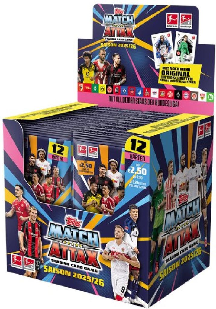 A display box filled with trading card packs, featuring images of soccer players and branding.