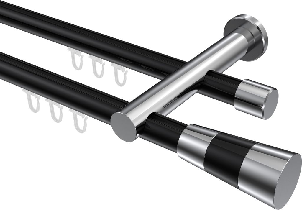 Interdeco Innenlaufstange / Gardinenstange mit Innenlauf Schwarz / Chrom, Typ Platon Tanara (Konus Bicolor), 20 mm Ø 2-läufig, 320 cm