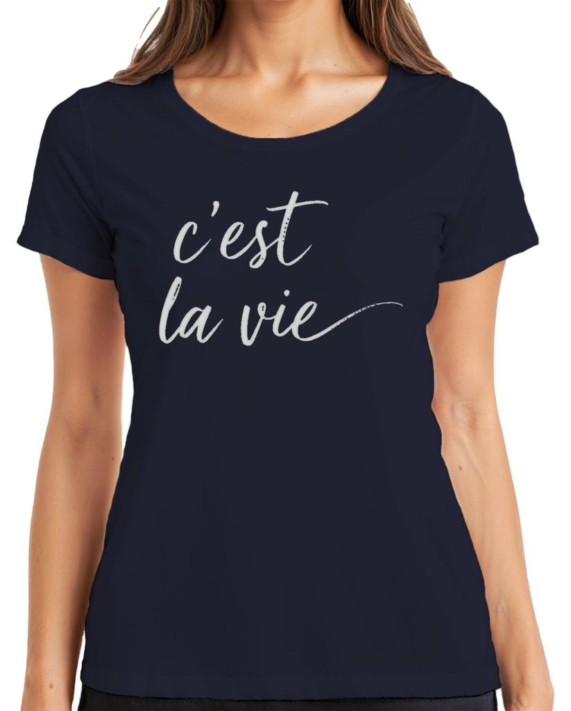 c'est la vie französisch Spruch Kalligrafie Handlettering Minimal Damen T-Shirt, Navy, 3XL