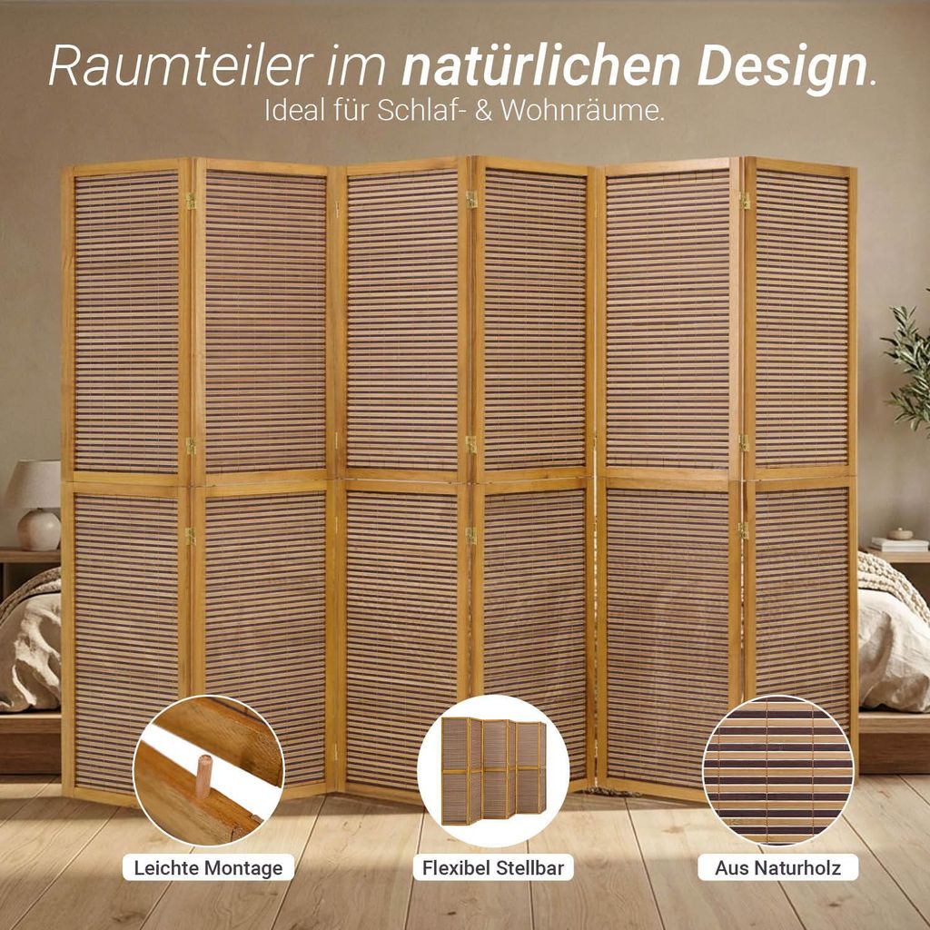 Paravent séparateur de pièce 6 parties cloison en bois brun Image du produit 