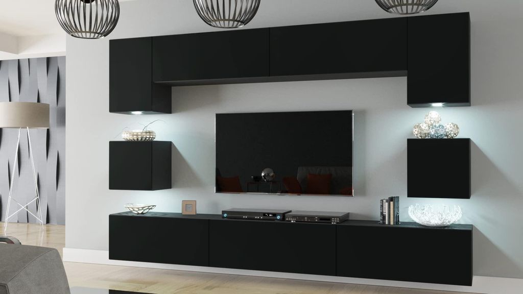 Furnitech Wohnwand Wohnzimmer Möbel (Schwarz-matt) mit LED Weiß - Hängend Wohnzimmerwand Modern - Schrankwand mit Regale und TV Schrank (Nowara ...