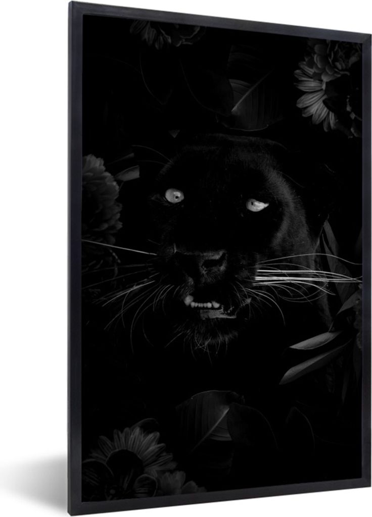 MuchoWow Gerahmtes Poster Botanischer Panther vor schwarzem Hintergrund - schwarz und weiß 60x90 cm - Poster mit Schwarzem Bilderrahmen Wandpost...