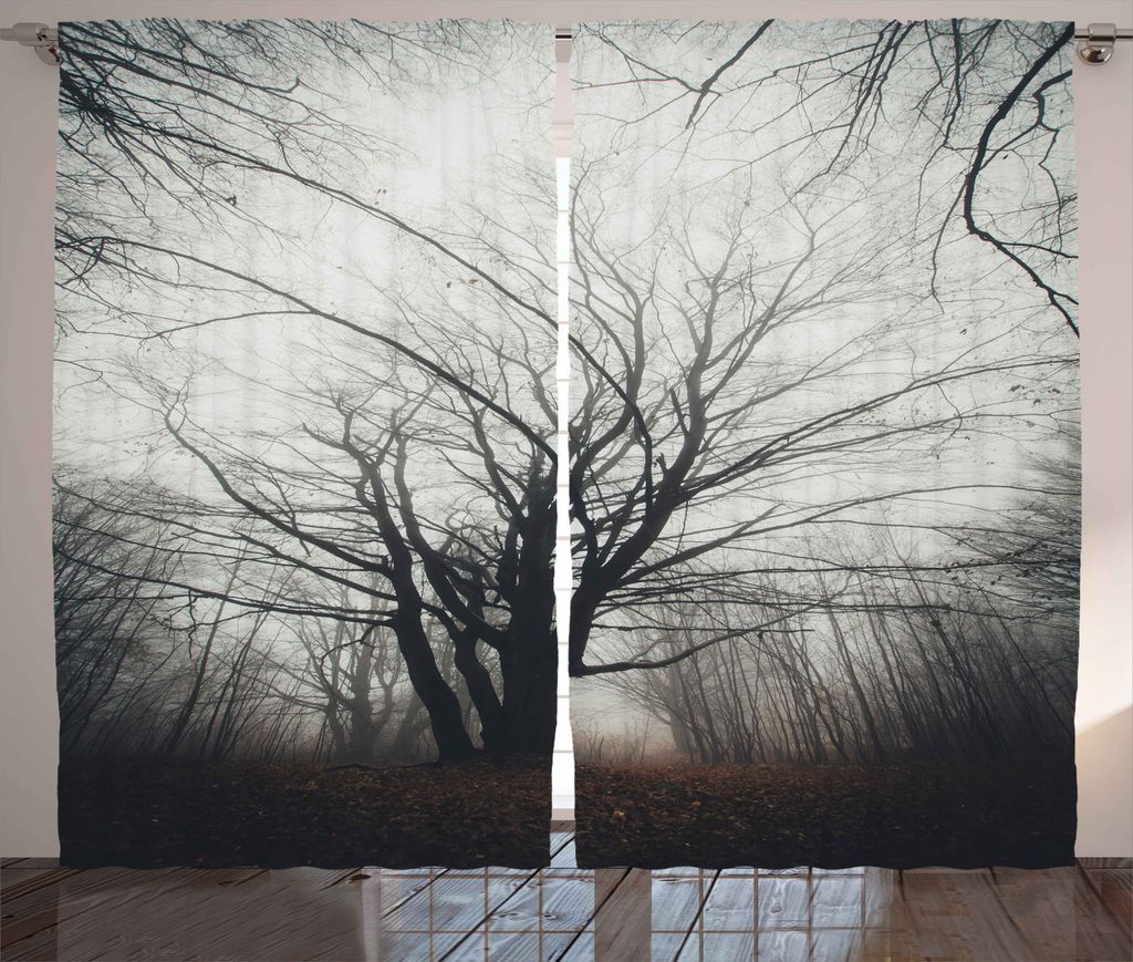 ABAKUHAUS Natur Rustikaler Vorhang, Herbst Baum im Nebel dunkel, Wohnzimmer Universalband Gardinen mit Schlaufen und Haken, 280 x 225 cm, Grau