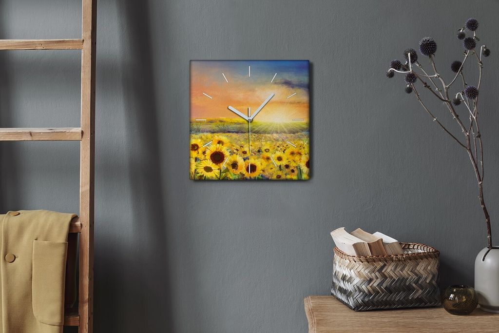 Coloray Hodiny Unikátní 30x30 cm Tiché hodiny Pro obývací pokoj a kuchyň Nástěnné hodiny Plátno Bílé ručičky hodin - Květiny pole sl...