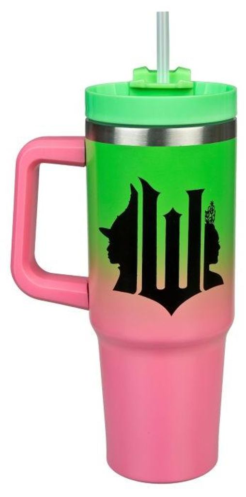 Trinkflasche 880 ml doppelwandig isoliert mit Strohhalm, rosa-grün, Wicked-Design
