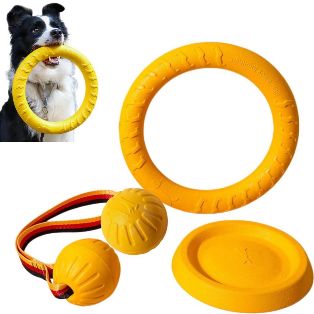 Hunde Spielzeug Set 4-tlg – L Frisbee, Ball, Seil & Pullring – EVA