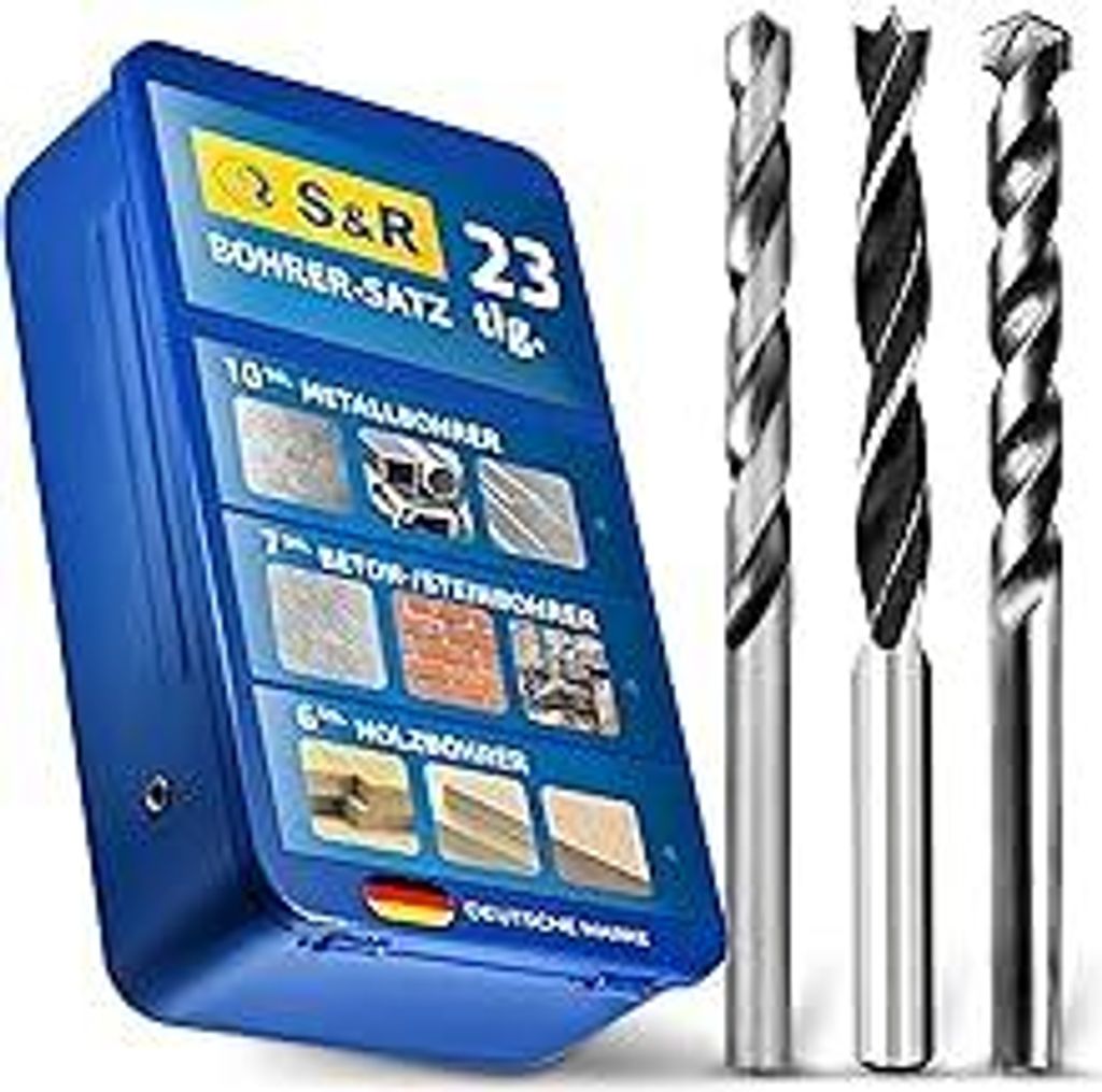 S&R Universal Drill Bohrer-Set 23-tlg. – Bohrbits für Holz, Stein & Metall – Holzspiralbohrer, Zentrierspitze, HSS M2-Stahl Metallbohrer & Bet...