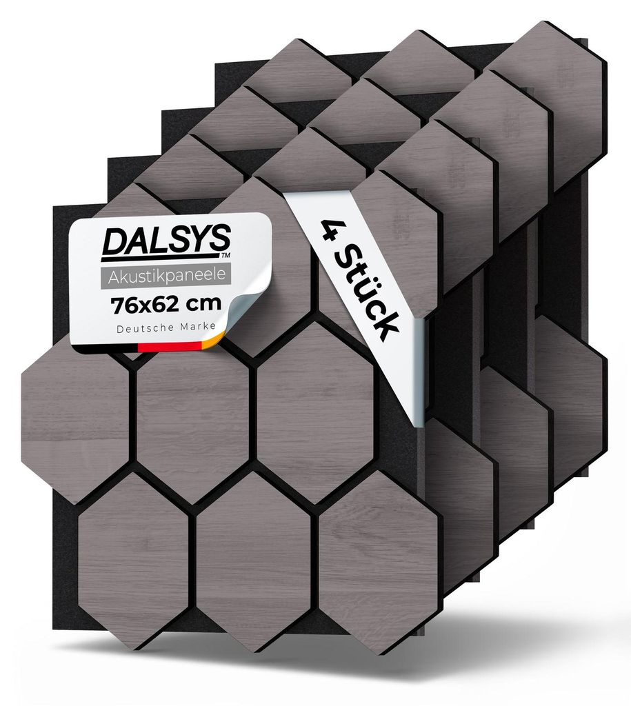 Dalsys 4x Akustikpaneele Holz 76x62cm mit Hexagon-Muster Grau - Wandpaneele Holz für Schallschutz in Büro- & Wohnräumen - Akustik Paneele Wand -...
