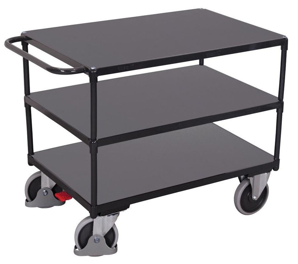 VARIOfit Schwerer Tischwagen mit Schiebegriff und 3 Ladeflächen 1000x700mm Anthrazitgrau RAL 7016