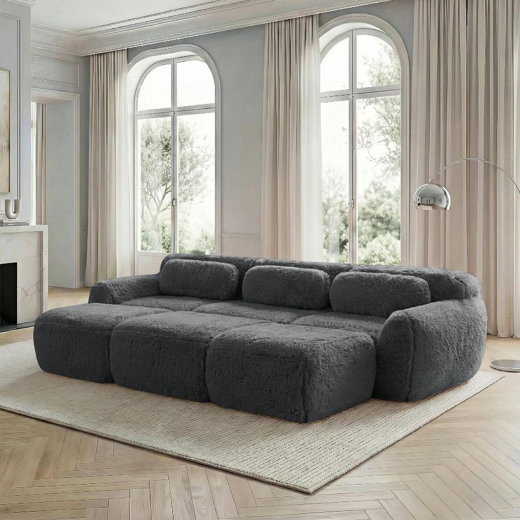 Boneless Cloud Sofas, Weicher Flauschplüsch-Stoff, Modulares Schlafsofa mit 3 Ottomans, 3-Sitzer-Sofas, Bequemes Sofa für Wohnzimmer,Grau