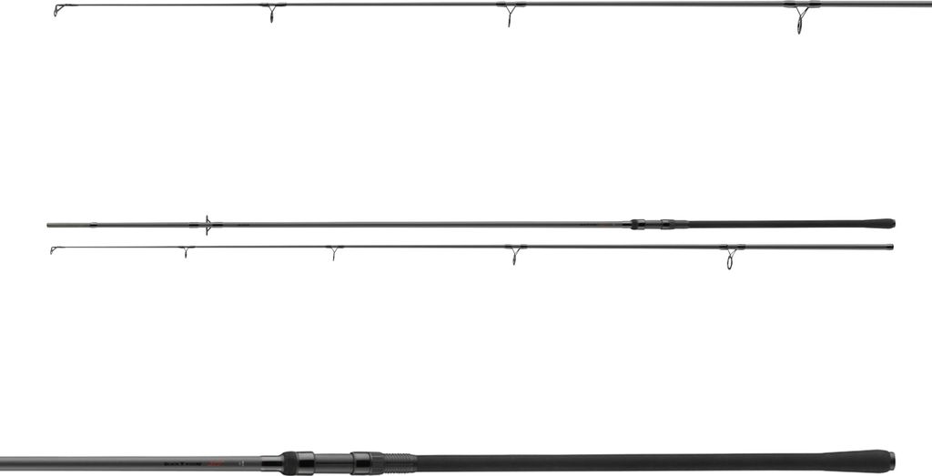 Three fishing rods are shown laid out horizontally against a white background.