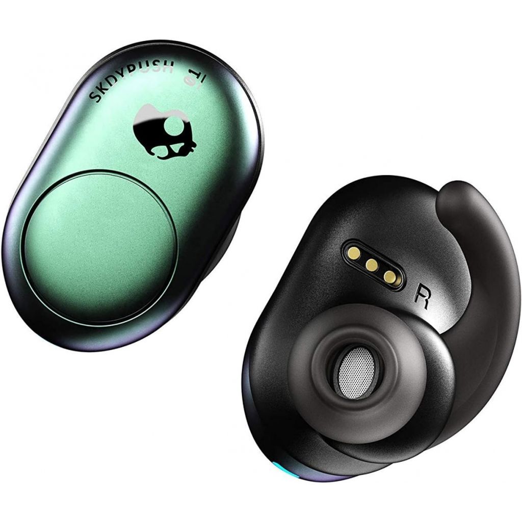 A pair of Skullcandy wireless earbuds, one green and one black, are shown against a white background.