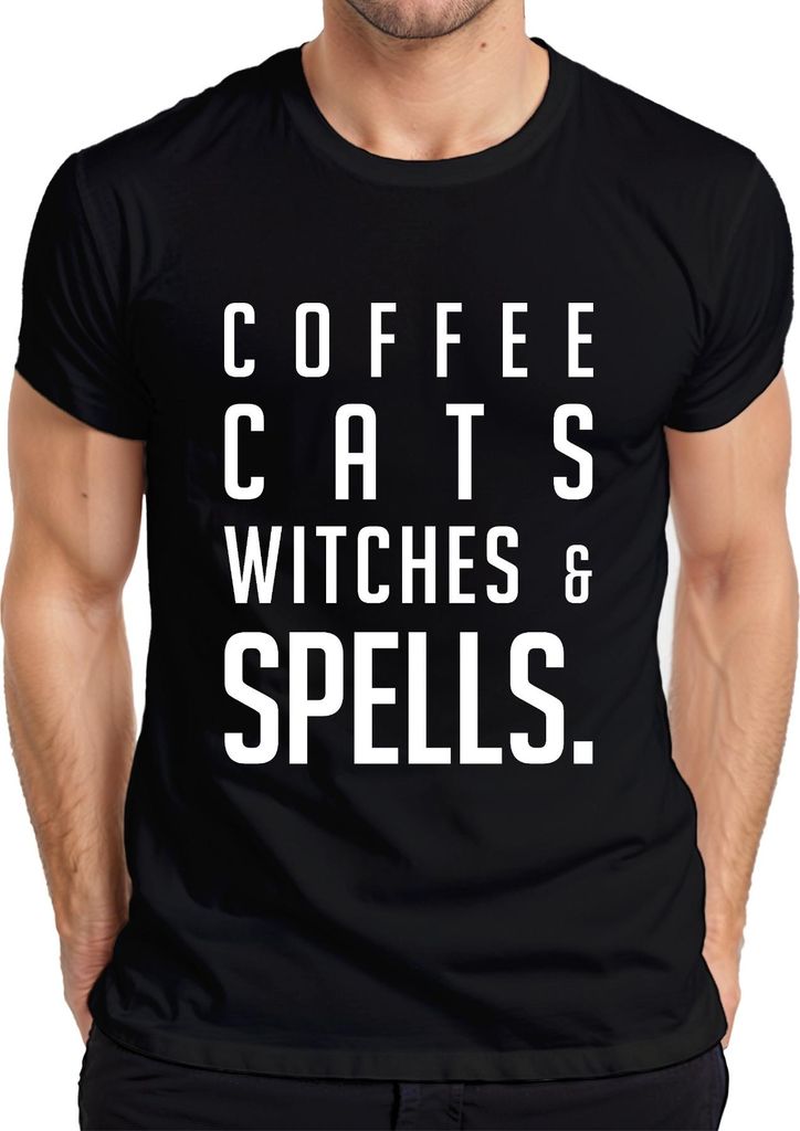 COFFEE CATS WITCHES & SPELLS. Kaffeeliebhaber Katzenfan Halloween Herren T-Shirt, Schwarz, S