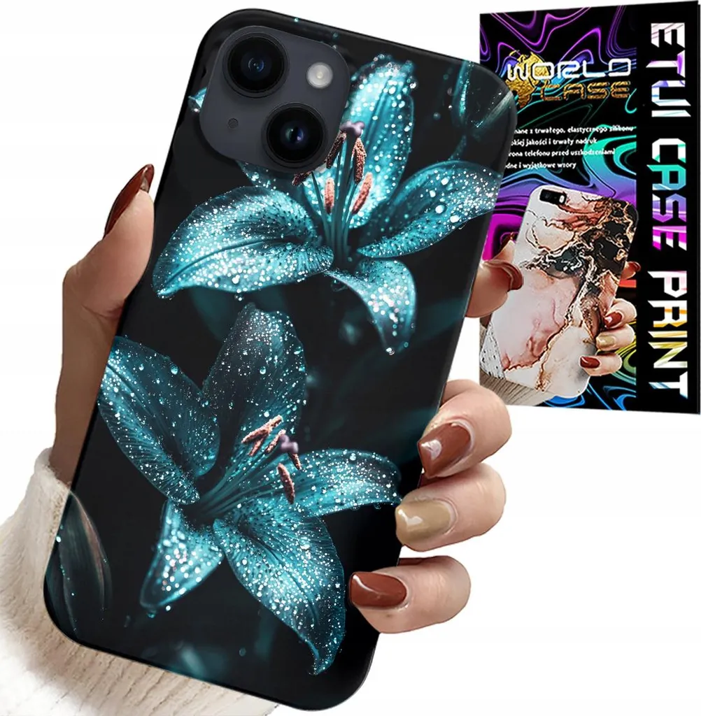 Custodia Per Iphone 15 Plus - Custodia Con Fiori Di Giglio Turchese + Vetro