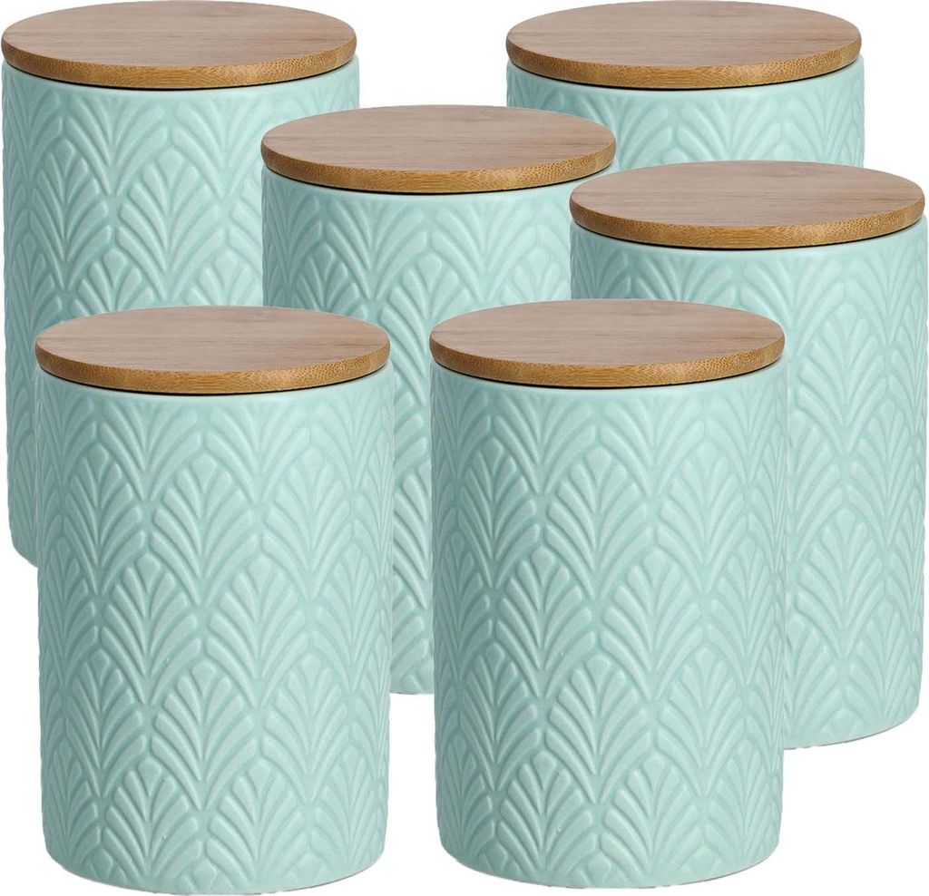 6 Stück Vorratsdose Keramik mit Bambusdeckel, mint - 720ml, Ø 10cm