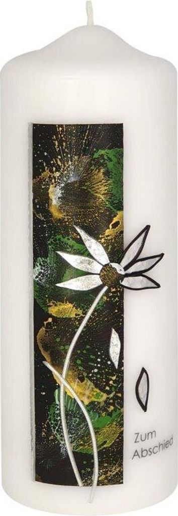 Trauerkerze "Dekor grün/schwarz, Blume silber" 220 x 80 mm mit Klarsichtkarton