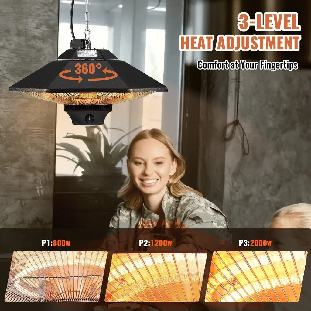 Chauffage électrique suspendu terrasse 2000W avec télécommande noire