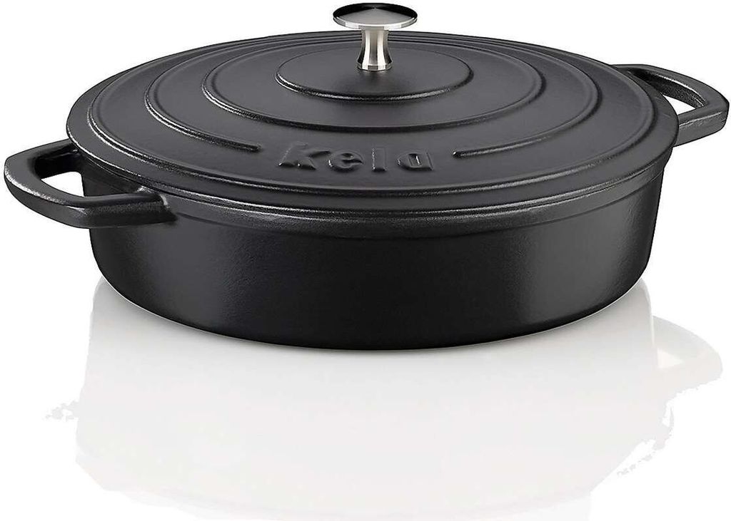A black cast iron pot with a lid and handles, shown from a slightly elevated side angle on a white background.