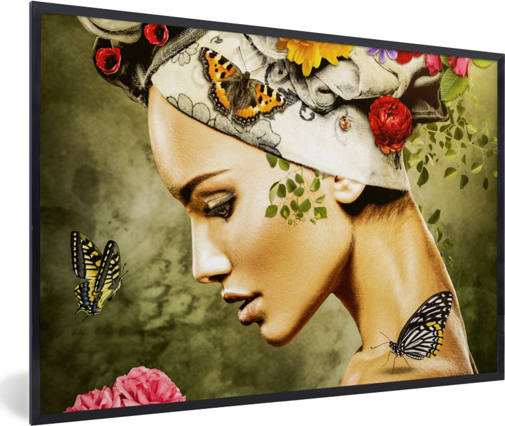 MuchoWow Gerahmtes Poster Frau - Blumen - Farben - Schmetterlinge - Rosen - Kopftuch 90x60 cm - Poster mit Schwarzem Bilderrahmen Wandposter Rahm...
