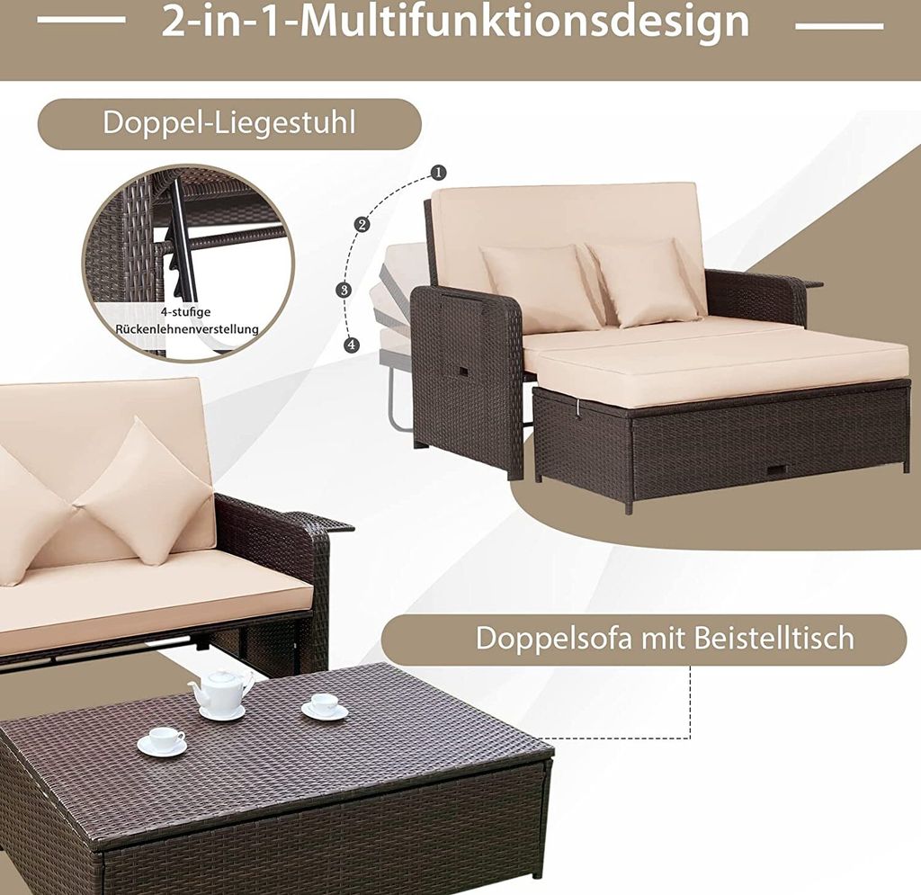 COSTWAY Rattan Sofa Set - 2 Sitzer Sessel mit Ottomane & 2 Produktbild 4