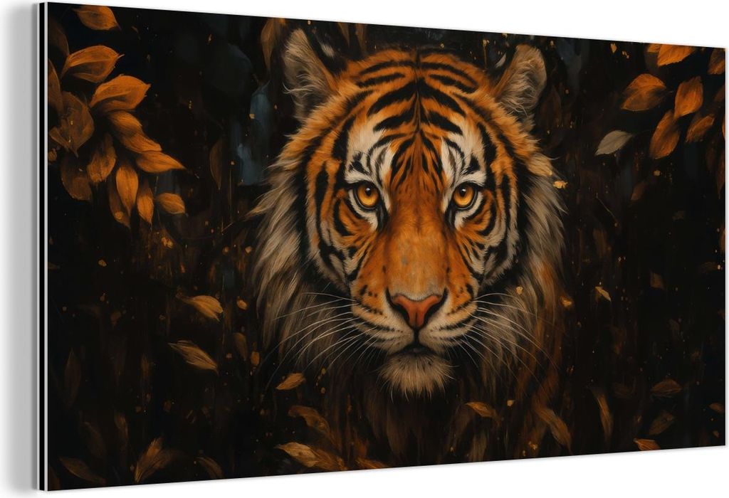 MuchoWow Wanddekoration Metall Metallbild Wandkunst 40x20 cm Blätter - Tiger - Orange MuchoWow Aluminium Gemälde - Bild - Aluminium