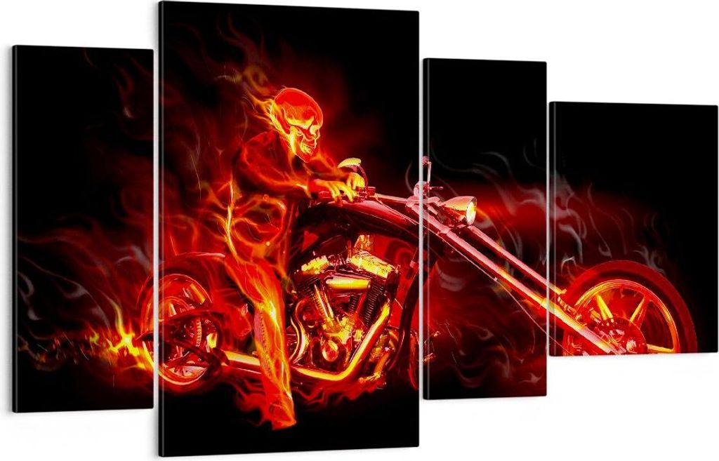 Bild auf Leinwand - Leinwandbild - Flammen Motorrad Skelett - 120x70cm - Wand Bild - Wanddeko - Leinwanddruck - Bilder - Kunstdruck - Wanddekoratio...