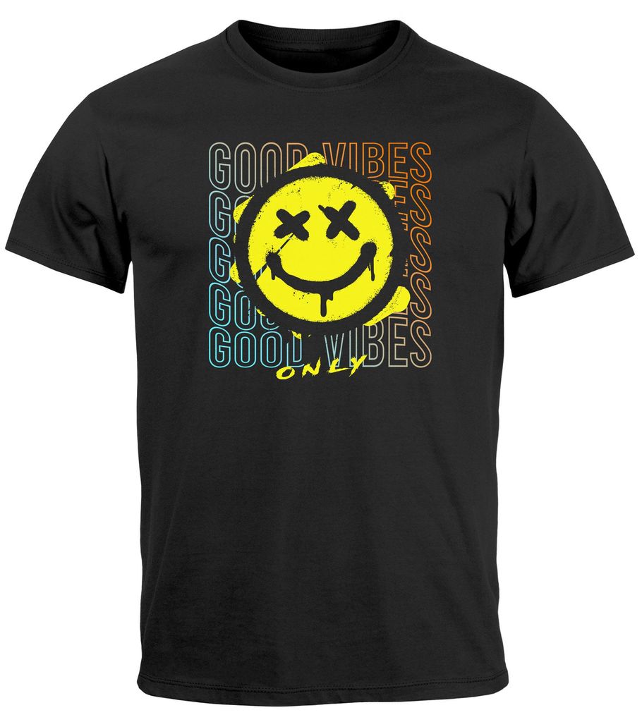 Herren T-Shirt Smiling Face Good Vibes Print Aufdruck Bedruckt Teachwear Fashion Streetstyle Neverless schwarz XXL