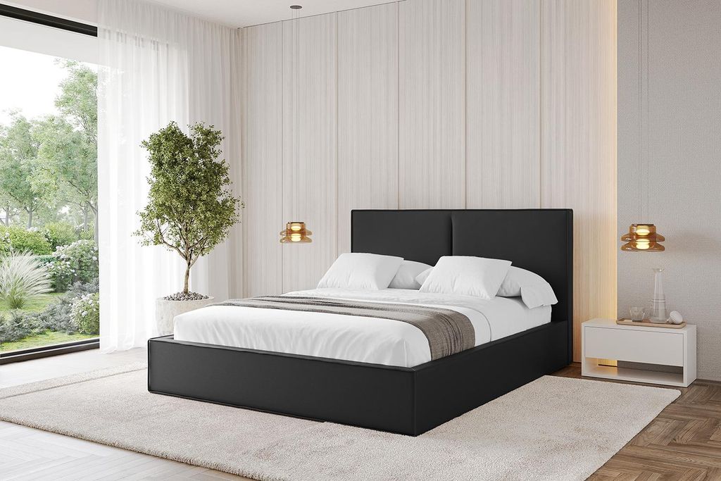 ALTDECOR Polsterbett mit Bettkasten - EMMI - 140x200 Schwarz Kunstleder - Bett mit Kopfteil, Boxbett ohne Matratze, Doppelbett mit Stauraum