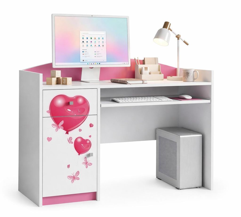 Kinderschreibtisch Pink-Weiß | Jugendmöbel Lernschreibtisch mit Stauraum | Stabiler PC-Tisch für das moderne Kinderzimmer