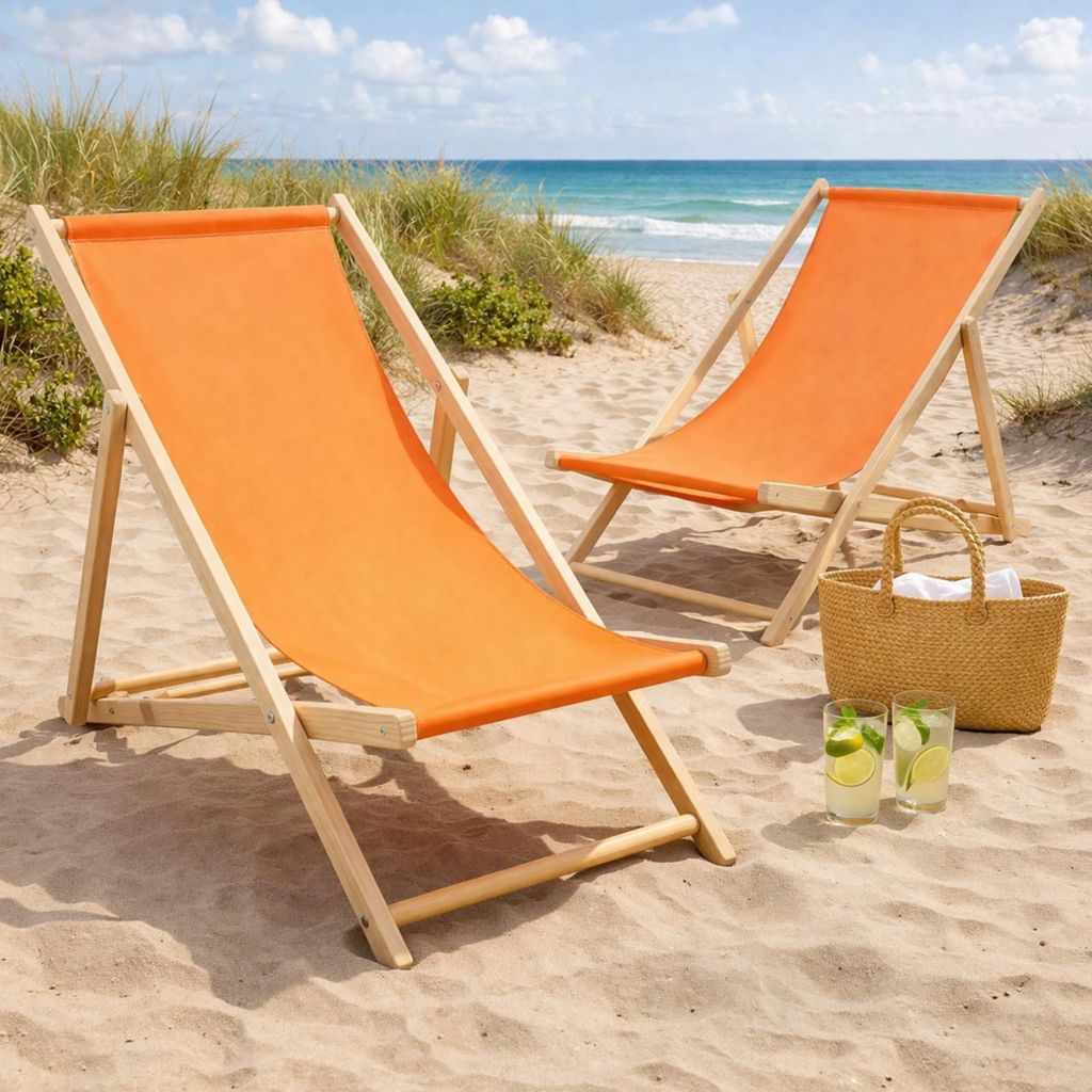 2er Set Liegestuhl Doppelpack Strandliege Liege Stuhl Strand Sonnenliege Gartenliege Klappstuhl Orange