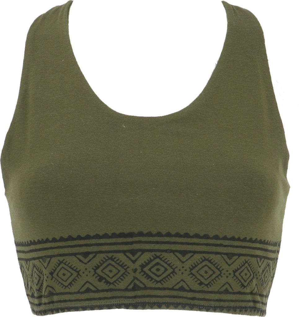 Goa Psytrance Bikini Top, Boho Top, Yoga Bra Top mit Druck - Olivgrün, Damen, Elasthan,Baumwolle, Größe: M