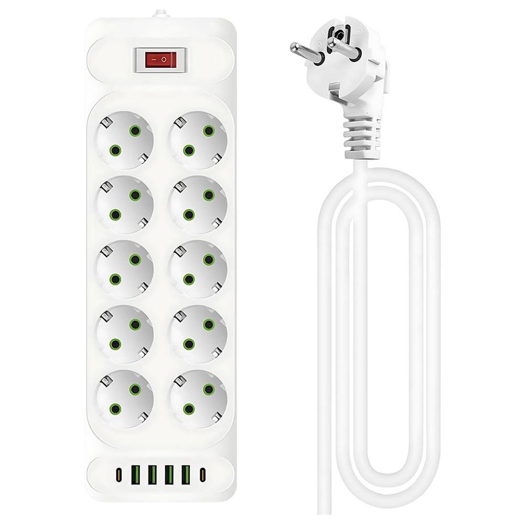 10 fach Flachstecker Steckdosenleiste, USB Steckdosenleiste mit Überspannungsschutz mit 4 USB-A und 2 USB-C Ladebuchse Schalter flachem Winkelstecker