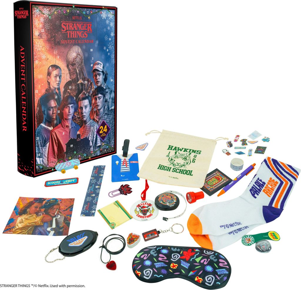 A Stranger Things advent calendar and various themed merchandise are displayed on a white background.