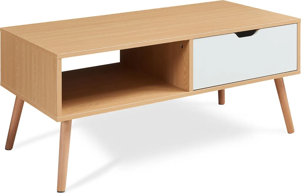 Table de salon rectangulaire Bordkak 100 cm avec tiroir blanc chêne