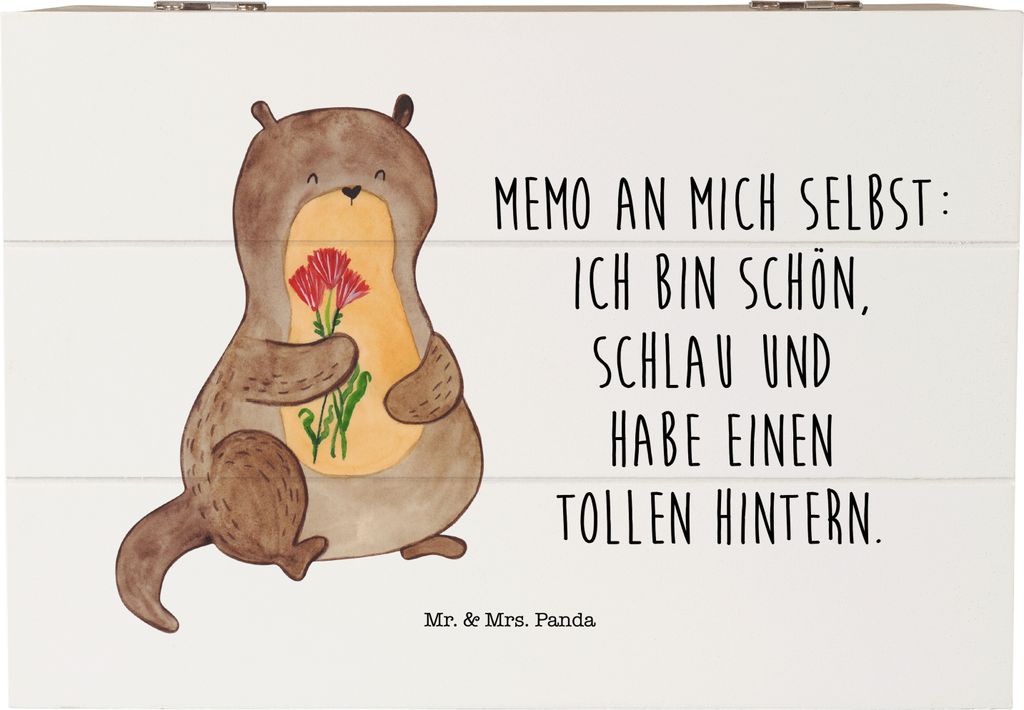 Mr. & Mrs. Panda Holzkiste Otter Blumenstrauß 22 x 15 cm - Weiß - Geschenk, Box, Seeotter, schatztruhe, Schatzkiste, Positiv, Selbstvertrauen, Tr...