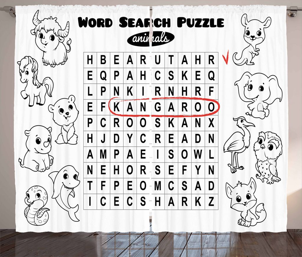 ABAKUHAUS Word Search Puzzle Rustikaler Vorhang, Tiernamen, Wohnzimmer Universalband Gardinen mit Schlaufen und Haken, 280 x 175 cm, Schwarz Weiß Rot