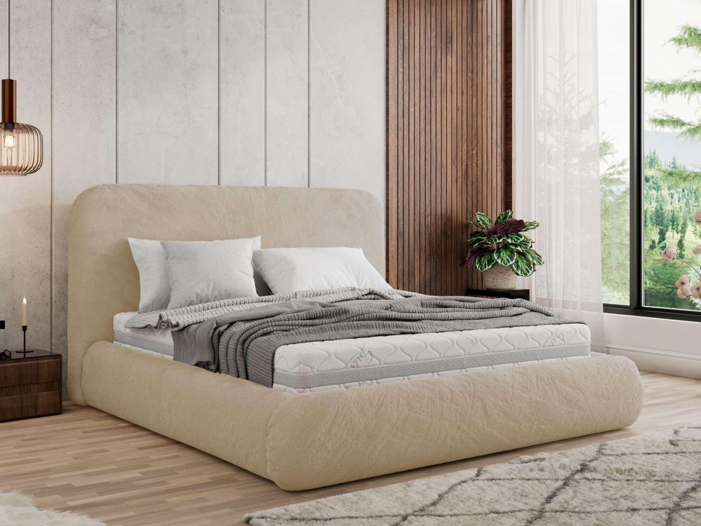 MKS MEBLE Polsterbett BENEA CLASSIC 140 x 200 cm mit Bettkasten & Gasdruck-Lift-Stauraum & Federleisten Foam Matratze - MIRO LUX - Creme Plüsch