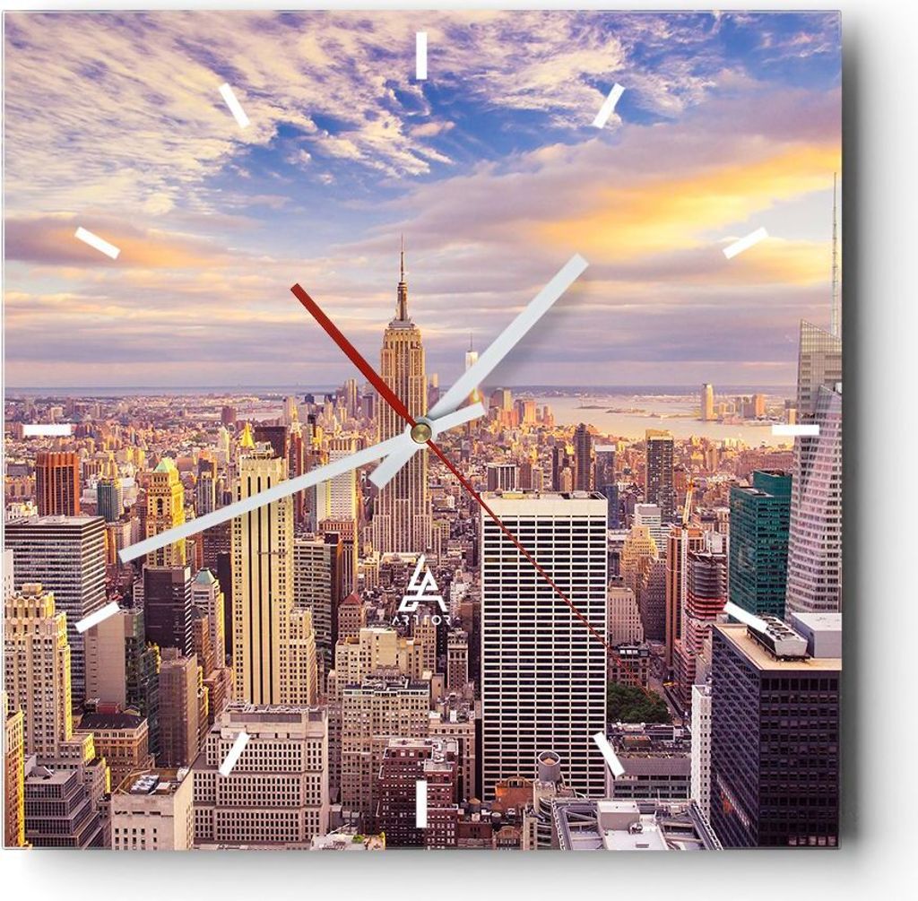 Wanduhr - Quadrat - Glasuhr - New York Stadt - 30x30cm - Schleichendes Uhrwerk - Lautlos - zum Aufhängen bereit - Dekoration Modern - Wanddekorati...