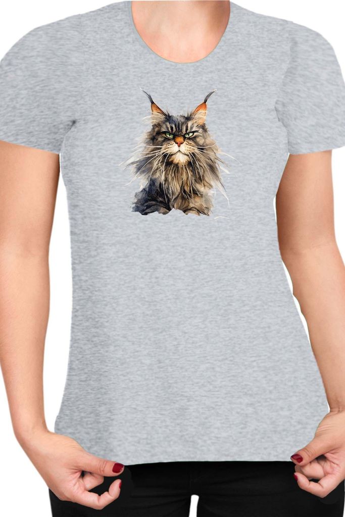 Damen T-Shirt Funny Cats Breeds Maine Coon Cat 023, Lady S / Grau